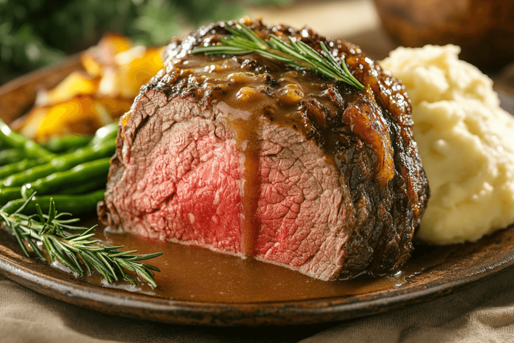 Close-up of a juicy beef shoulder roast garnished with rosemary, served with vegetables and mashed potatoes.