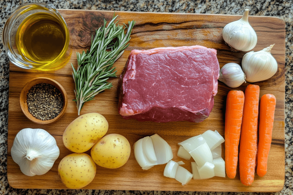 A wooden cutting board with raw beef shoulder, rosemary, garlic, onions, carrots, potatoes, and spices.