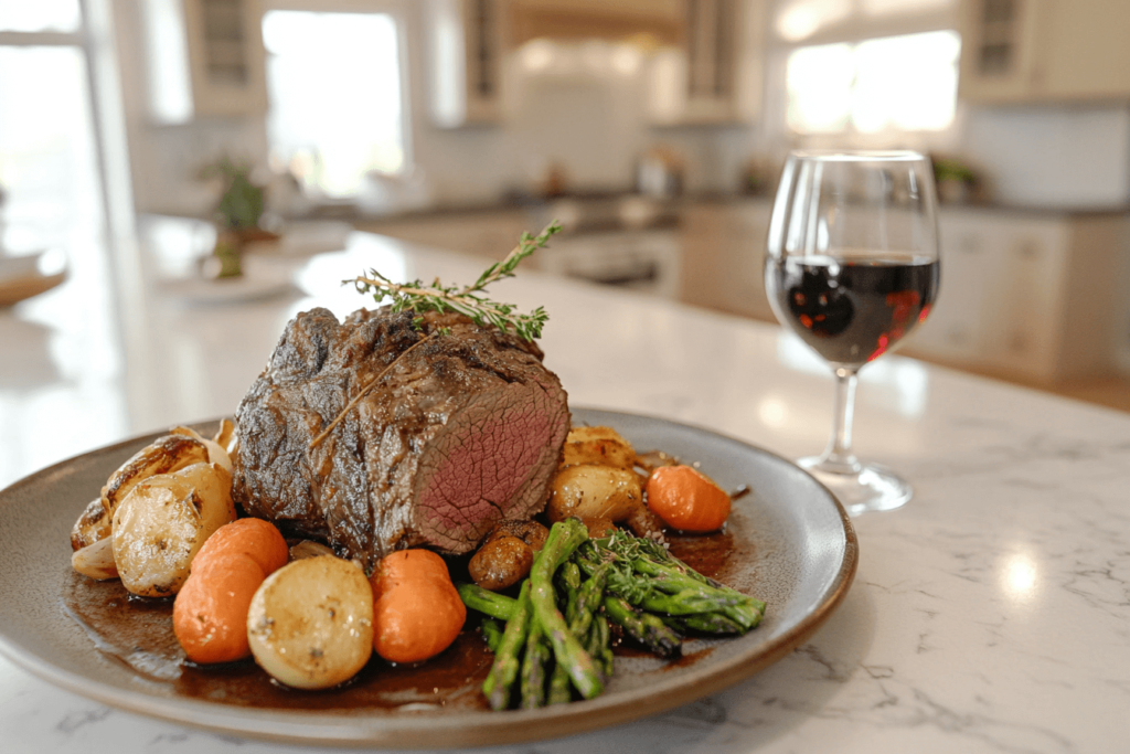 Beef shoulder roast served on a kitchen island with vegetables and red wine in a cozy kitchen setting.