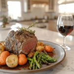 Beef shoulder roast served on a kitchen island with vegetables and red wine in a cozy kitchen setting.