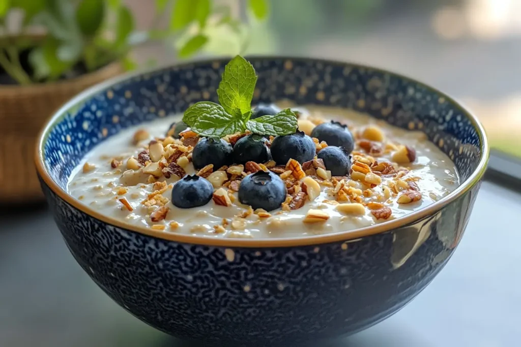 Close-up of a diabetic-friendly oatmeal breakfast with blueberries, nuts, and honey.