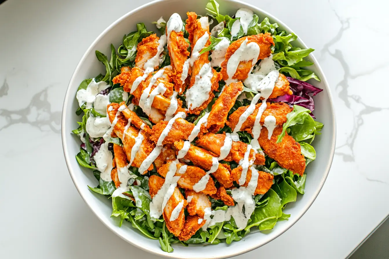 Wide-angle view of a buffalo chicken salad in a modern kitchen setting.