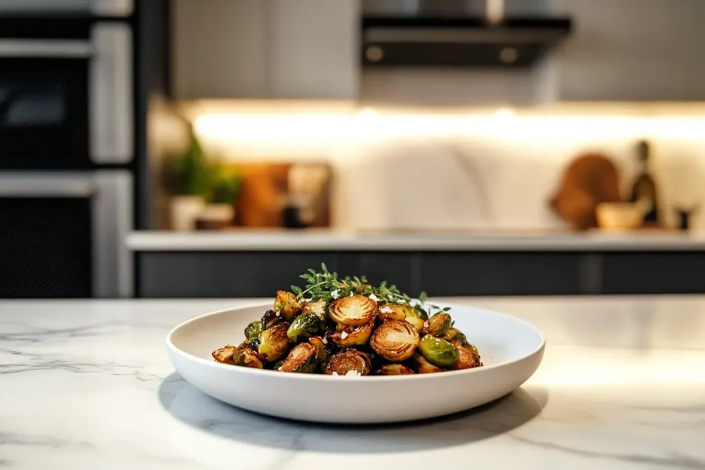 Wide-angle view of candied Brussels sprouts on a white plate, set on a wooden counter with a modern kitchen and marble countertops in the background.