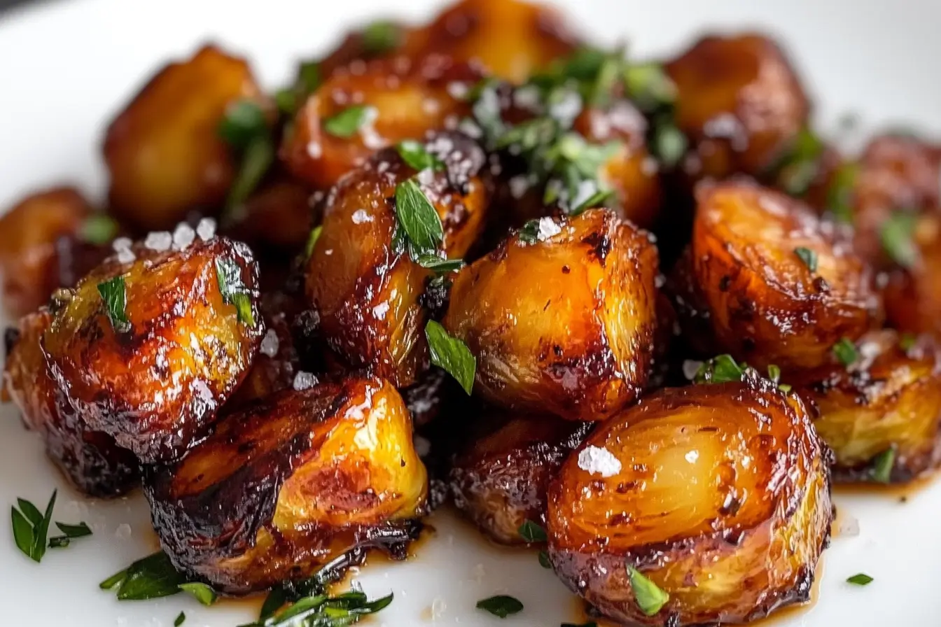 Close-up of candied Brussels sprouts glistening with a glossy caramelized glaze, garnished with sea salt and thyme, on a rustic wooden surface.