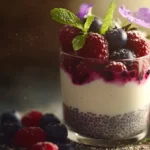 Close-up of layered chia yogurt parfait with berries.