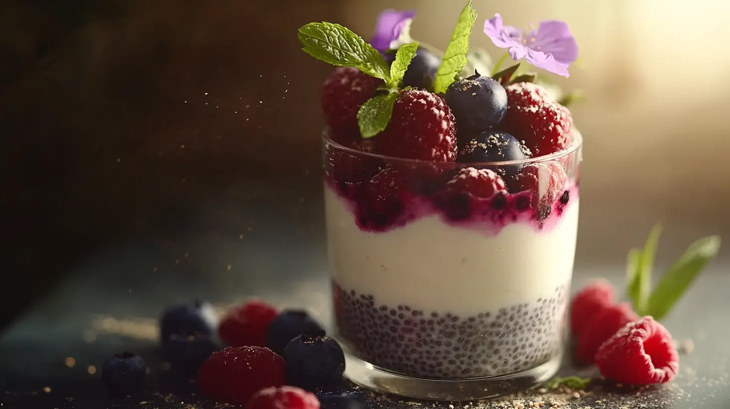 Close-up of layered chia yogurt parfait with berries.