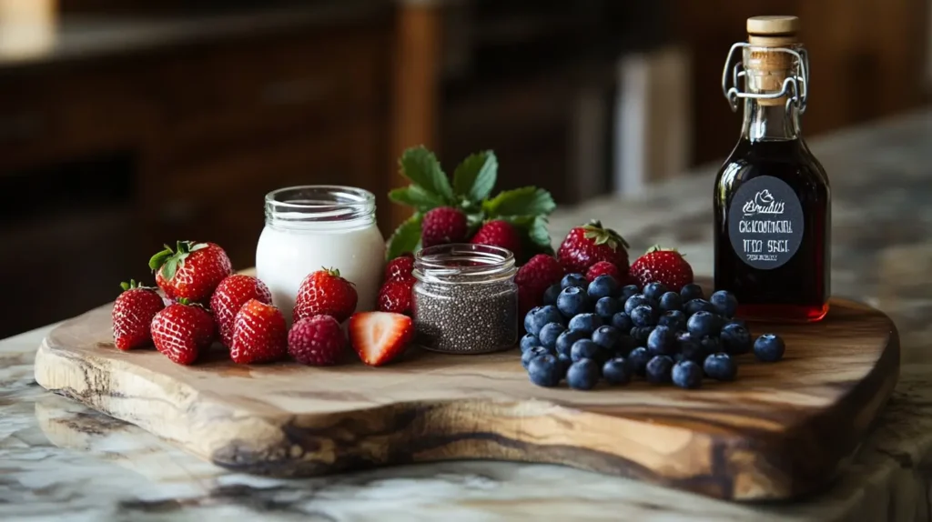 Chia yogurt ingredients arranged on a wooden cutting board.