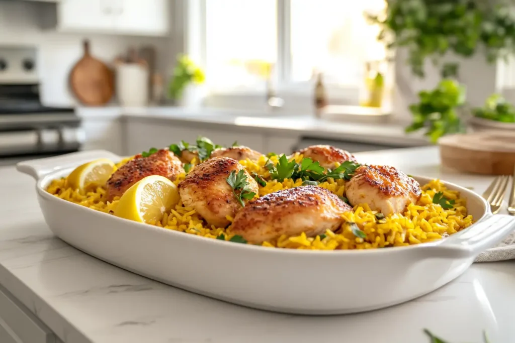 Wide-angle view of chicken and yellow rice served in a modern kitchen.