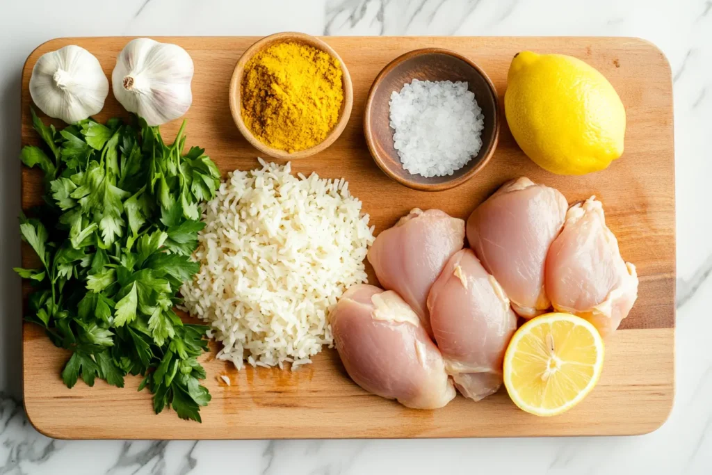 Ingredients for chicken and yellow rice on a wooden cutting board with spices and herbs.