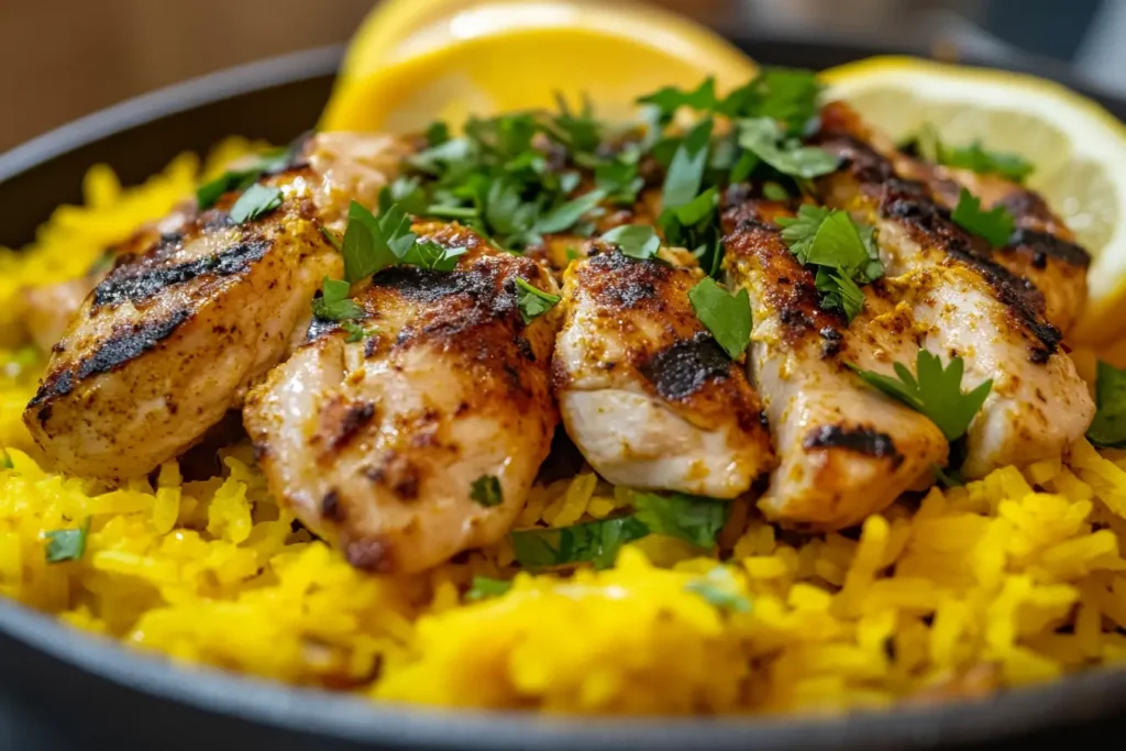 Close-up of chicken and yellow rice garnished with parsley and lemon wedges.