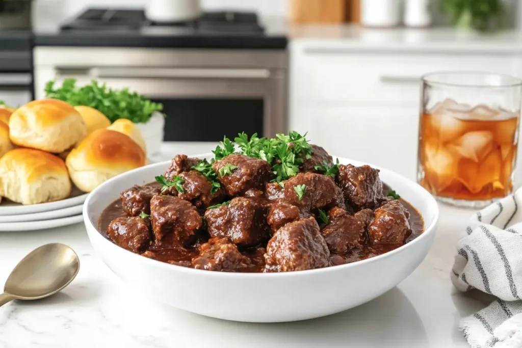 Wide-angle view of cube steak crock pot served with mashed potatoes in a modern kitchen.