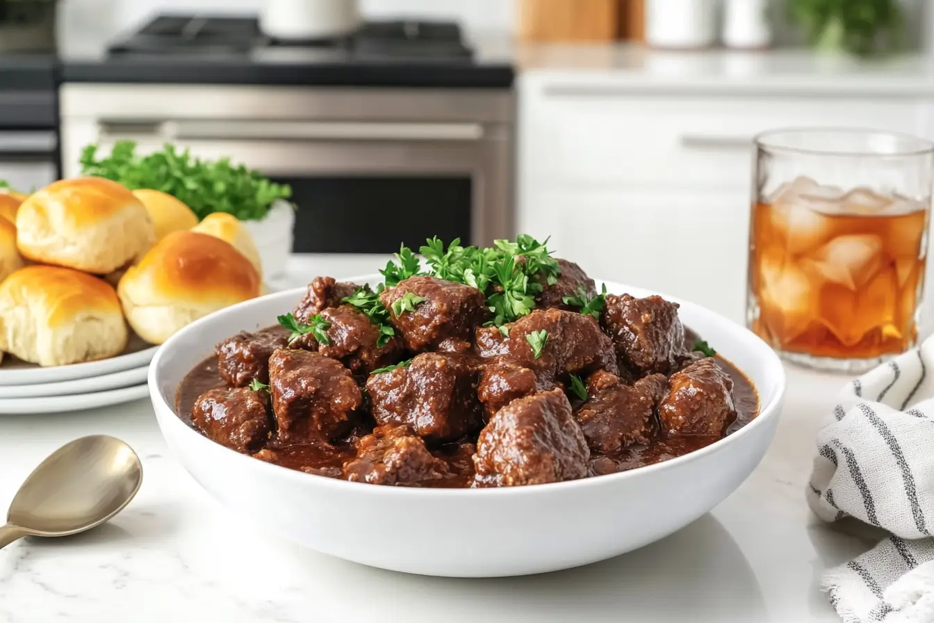 Wide-angle view of cube steak crock pot served with mashed potatoes in a modern kitchen.