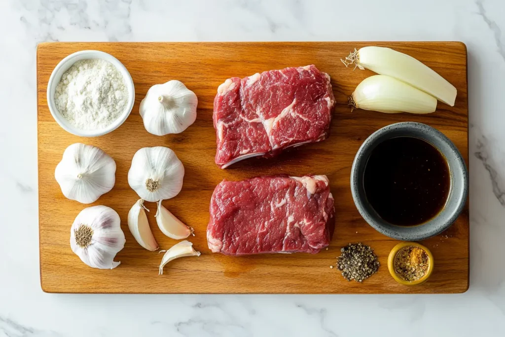 Ingredients for cube steak crock pot on a wooden cutting board with onions and seasonings.