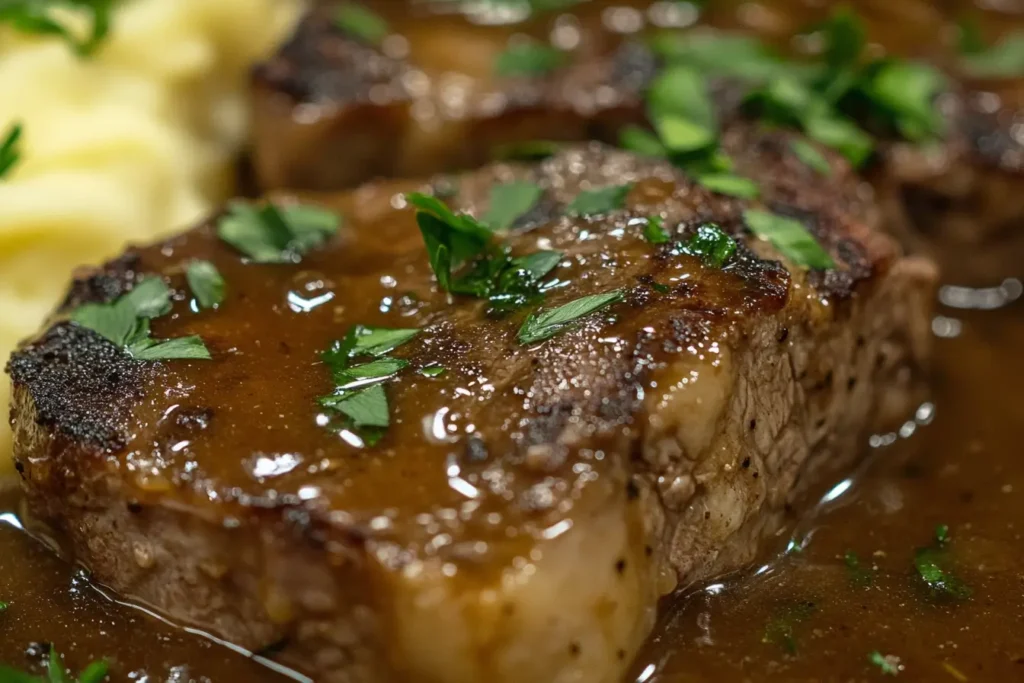 Close-up of cube steak smothered in gravy with mashed potatoes and parsley garnish.