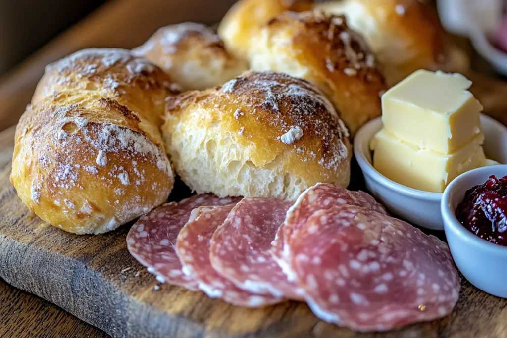 Close-up of an authentic German breakfast with bread rolls, cold cuts, cheese, and spreads.