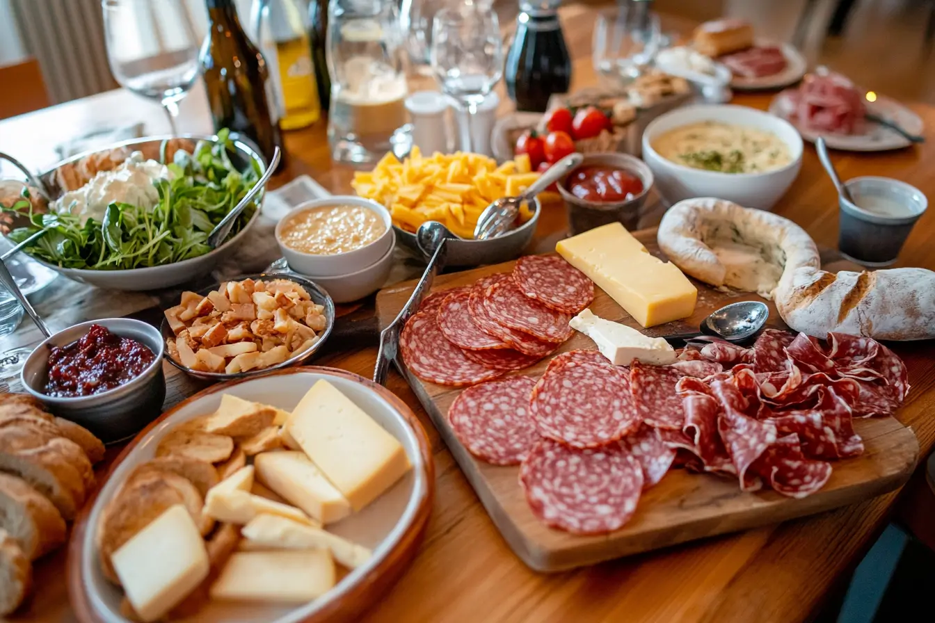 A German breakfast spread served on a wooden table in a cozy kitchen.