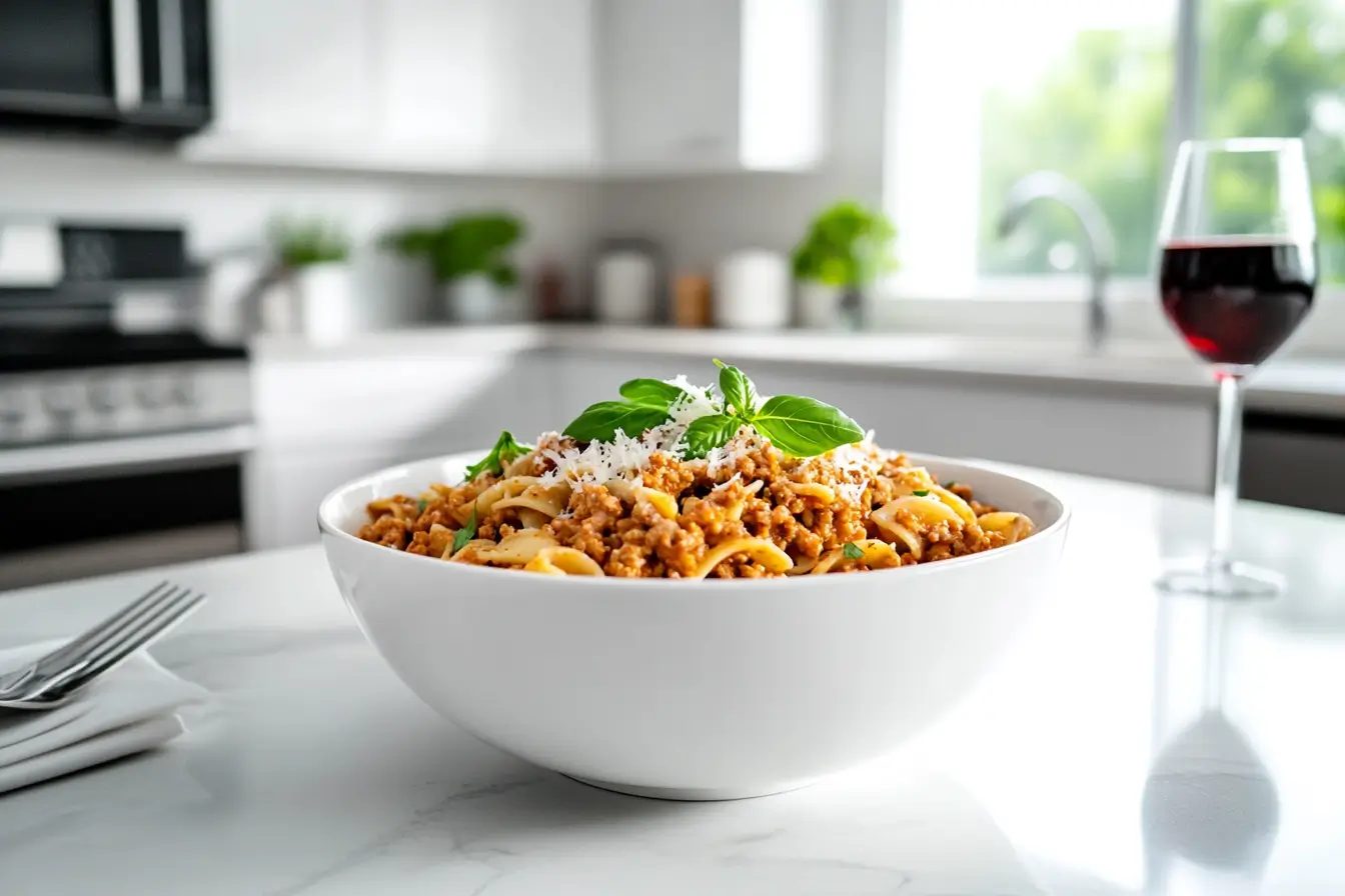 Wide-angle view of ground turkey pasta served in a modern kitchen.