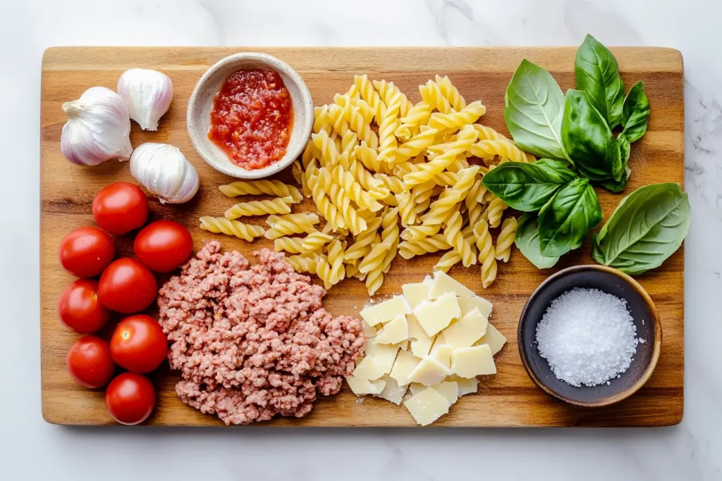 Ingredients for ground turkey pasta on a wooden cutting board, including pasta, tomatoes, and spices.