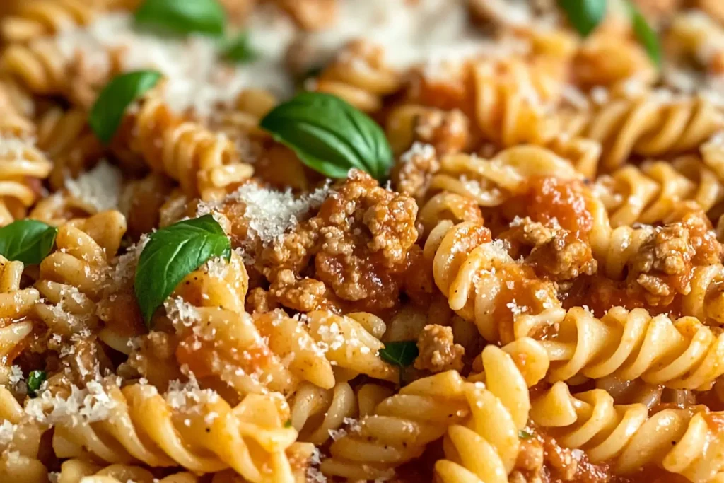 Close-up of ground turkey pasta with tomato sauce, Parmesan, and basil garnish.