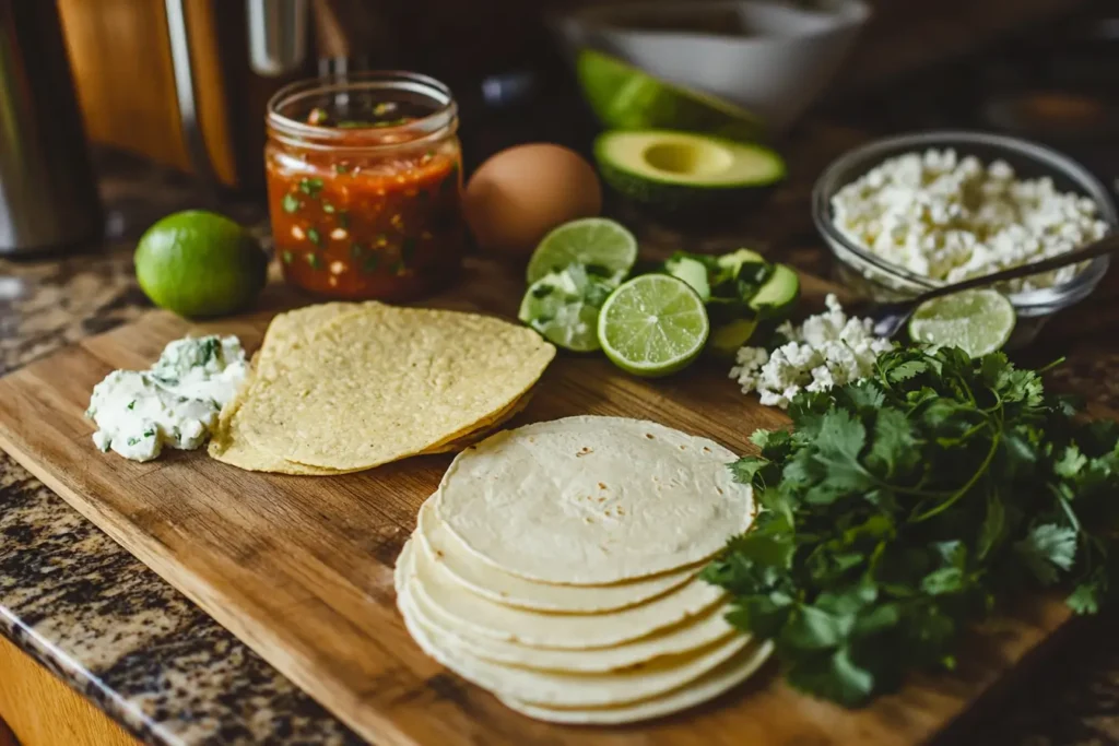 Fresh ingredients for a Mexican breakfast on a wooden cutting board, including tortillas, eggs, cilantro, and salsa.