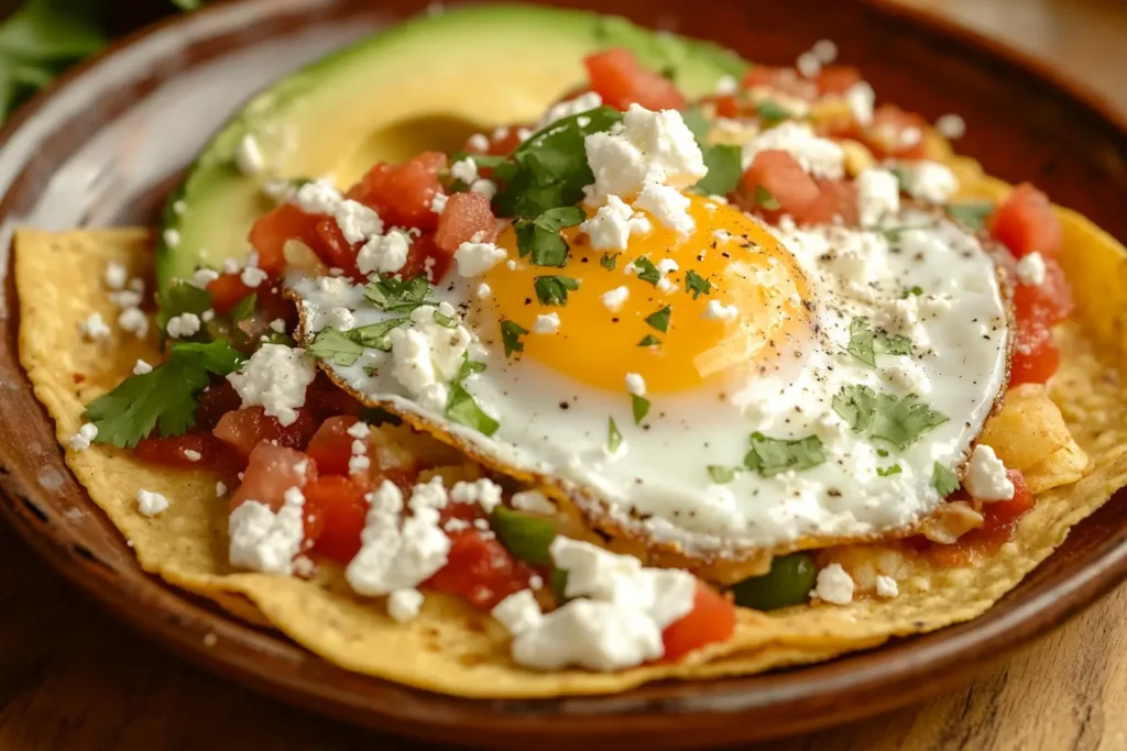 Close-up of a Mexican breakfast with chilaquiles, salsa, crema, queso fresco, and egg.