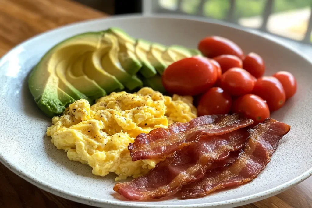 Wide-angle shot of a protein breakfast on a kitchen island with scrambled eggs, turkey bacon, avocado, and cherry tomatoes