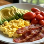 Wide-angle shot of a protein breakfast on a kitchen island with scrambled eggs, turkey bacon, avocado, and cherry tomatoes