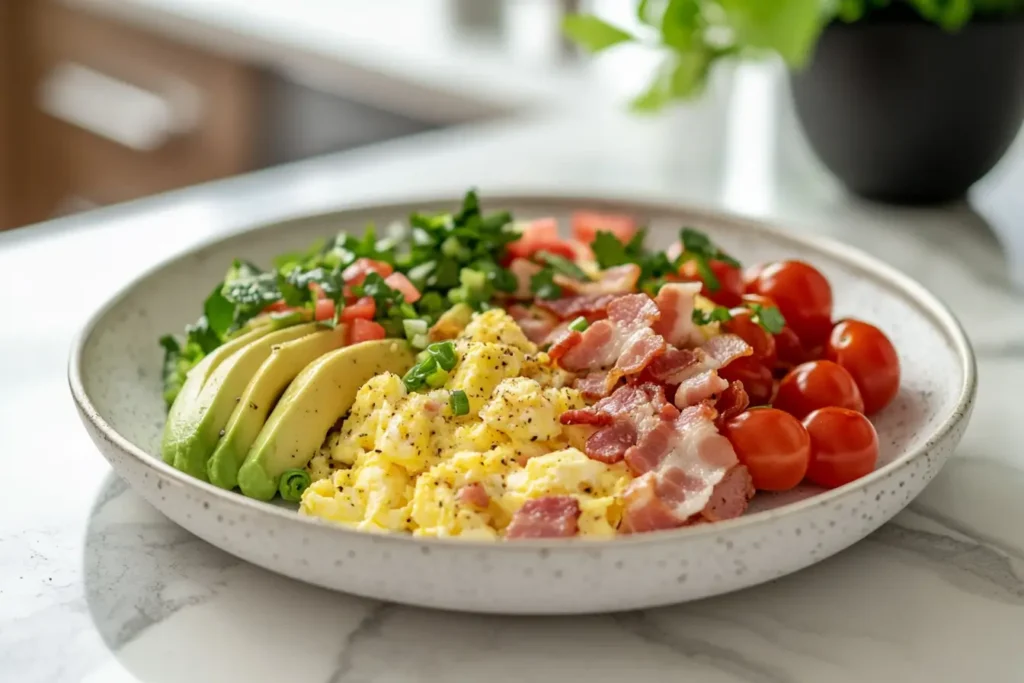 Close-up of a protein-packed breakfast with scrambled eggs, turkey bacon, avocado slices, and cherry tomatoes on a white ceramic plate