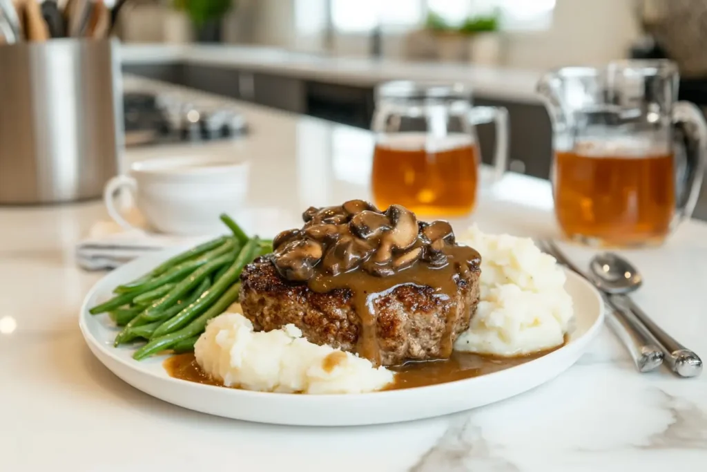 Wide-angle view of Salisbury steak served with mashed potatoes and green beans in a modern kitchen.