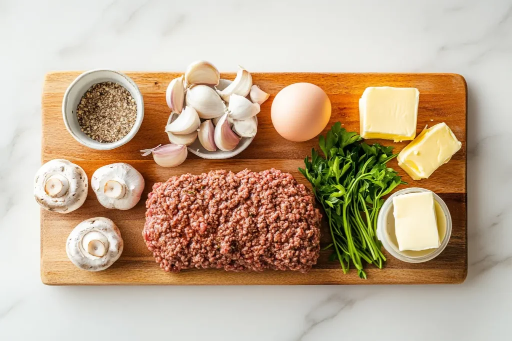 Ingredients for Salisbury steak on a wooden cutting board with mushrooms, ground beef, and spices.