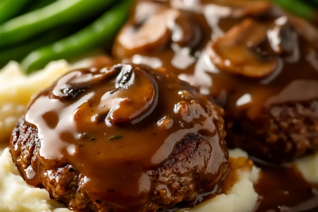 Close-up of Salisbury steak with mushroom gravy, mashed potatoes, and green beans.