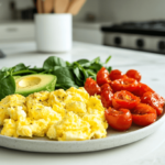 plate with low carb vegetarian breakfast with eggs, avocado, tomato and spinach