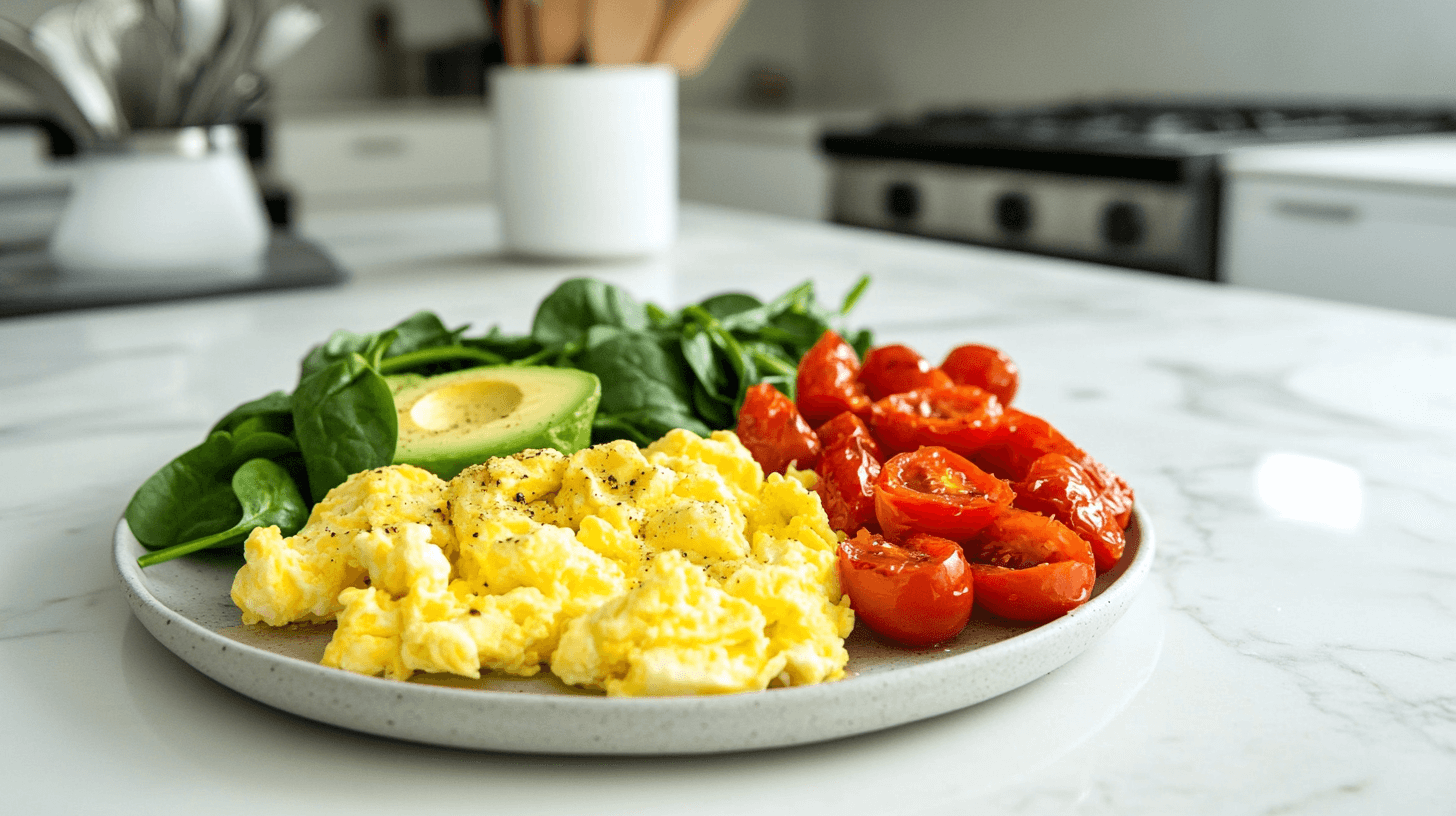 plate with low carb vegetarian breakfast with eggs, avocado, tomato and spinach